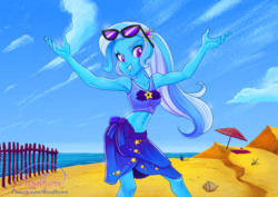 Size: 1600x1131 | Tagged: safe, artist:rosalhymn, trixie, equestria girls, equestria girls specials, g4, my little pony equestria girls: better together, my little pony equestria girls: forgotten friendship, >:), armpits, beach, beach babe, belly button, clothes, cute, diatrixes, evil smile, female, grin, sarong, smiling, smirk, solo, swimsuit