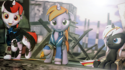 Size: 3840x2160 | Tagged: safe, artist:urgent coffee, oc, oc only, oc:blackjack, oc:littlepip, oc:velvet remedy, pony, unicorn, fallout equestria, fallout equestria: project horizons, 3d, clothes, colored sclera, cutie mark, fanfic, fanfic art, female, floppy ears, fluttershy medical saddlebag, high res, hooves, horn, jumpsuit, looking at you, mare, medical saddlebag, pipbuck, raised hoof, ruins, saddle bag, sitting, source filmmaker, tongue out, vault suit, yellow sclera