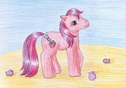 Size: 1024x715 | Tagged: safe, artist:normaleeinsane, pepperberry, pony, g3, beach, female, solo, traditional art