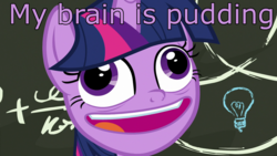 Size: 1920x1080 | Tagged: safe, edit, edited screencap, screencap, twilight sparkle, alicorn, pony, best gift ever, chalkboard, crazy face, derp, discovery family logo, faic, female, image macro, lightbulb, mare, meme, open mouth, pudding face, solo, text, twilight snapple, twilight sparkle (alicorn), twilight sparkle is best facemaker, wall eyed, wat