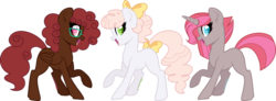 Size: 1024x375 | Tagged: safe, artist:traveleraoi, oc, oc only, oc:puddin' pop, oc:ruby pie, oc:vanilla cream, earth pony, pegasus, pony, unicorn, base used, bow, curly hair, female, glasses, hair bow, happy, looking at you, next generation, offspring, parent:cheese sandwich, parent:pinkie pie, parents:cheesepie, ponytail, siblings, signature, simple background, sisters, smiling, tail bow, transparent background, trio, trio female, triplets