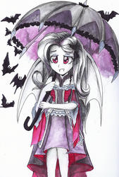 Size: 971x1438 | Tagged: safe, artist:astevenamedwolf, fluttershy, bat, bat pony, equestria girls, g4, bat ponified, clothes, dress, female, flutterbat, lidded eyes, race swap, red eyes, solo, standing, traditional art, umbrella