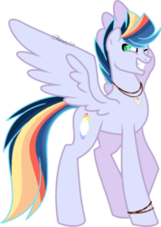 Size: 400x562 | Tagged: safe, artist:traveleraoi, oc, oc only, oc:tidal wave, pegasus, pony, base used, bracelet, cutie mark, grin, jewelry, looking at you, male, necklace, next generation, offspring, one eye closed, parent:rainbow dash, parent:soarin', parents:soarindash, shark tooth, shark tooth necklace, signature, simple background, smiling, solo, spread wings, stallion, surfboard, transparent background, wings, wink