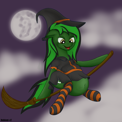 Size: 1280x1280 | Tagged: safe, artist:rubiont, oc, oc only, pony, belly, belly button, big belly, broom, clothes, cutie mark, fetish, floppy ears, flying, flying broomstick, full moon, halloween, hat, holiday, moon, open mouth, sitting, size difference, snack, socks, striped socks, vore, witch, witch hat