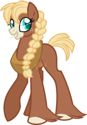 Size: 400x578 | Tagged: safe, artist:traveleraoi, oc, oc only, oc:bailey sweet, clydesdale, earth pony, pony, base used, blaze (coat marking), braid, coat markings, colored pupils, facial markings, food, freckles, grin, harness, hooves, looking at you, next generation, offspring, parent:applejack, parent:trouble shoes, parents:troublejack, short tail, signature, simple background, smiling, tack, transparent background, unshorn fetlocks, wheat
