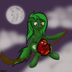 Size: 1280x1280 | Tagged: safe, artist:rubiont, oc, oc only, pony, belly, big belly, broom, fetish, flying, flying broomstick, halloween, holiday, indoors, internal, moon, sitting, size difference, snack, stomach, vore, witch, x-ray