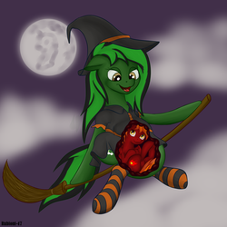Size: 1280x1280 | Tagged: safe, artist:rubiont, oc, oc only, pony, belly, big belly, broom, clothes, fetish, flying, flying broomstick, halloween, hat, holiday, indoors, internal, moon, sitting, size difference, snack, socks, stomach, striped socks, vore, witch, witch hat, x-ray