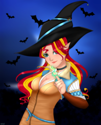 Size: 1600x1984 | Tagged: safe, artist:mdeltar, sunset shimmer, bat, human, g4, clothes, costume, elf ears, female, halloween, halloween costume, hat, humanized, magic, solo, sorceress, the witcher, triss merigold, witch hat