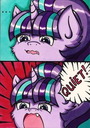 Size: 727x1024 | Tagged: safe, artist:canvymamamoo, starlight glimmer, pony, unicorn, g4, angry, angry dog noises, cheek fluff, ear fluff, fangs, female, meme, quiet, ragelight glimmer, solo, this will end in gulag