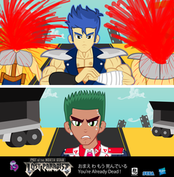 Size: 5979x6104 | Tagged: safe, artist:trungtranhaitrung, flash sentry, timber spruce, equestria girls, g4, absurd resolution, bandit, blood, crossover, female, fist of the north star: lost paradise, hokuto no ken, kenshiro, male, mare, omae wa mou shindeiru, taruga, truck