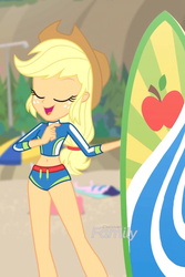 Size: 480x720 | Tagged: safe, screencap, applejack, blue crushed, equestria girls, g4, my little pony equestria girls: better together, applejack's hat, belly button, clothes, cowboy hat, cropped, discovery family logo, eyes closed, female, hat, legs, smiling, solo focus, surfboard, swimsuit