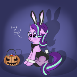 Size: 2500x2500 | Tagged: safe, artist:luntikius, starlight glimmer, pony, unicorn, g4, blushing, bunny ears, bunny suit, clothes, costume, cuffs (clothes), female, gradient background, halloween, halloween costume, heart eyes, high res, holiday, jack-o-lantern, leotard, pumpkin, pumpkin bucket, sitting, solo, trick or treat, wingding eyes