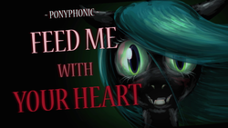 Size: 1920x1080 | Tagged: safe, artist:nire, queen chrysalis, changeling, changeling queen, pony, g4, cover, cover art, creepy, creepy grin, female, grin, looking at you, ponyphonic, smiling, solo, song, youtube link, youtube source