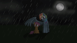 Size: 640x360 | Tagged: safe, artist:just_dawn, rainbow dash, scootaloo, pegasus, pony, g4, animated, duo, female, moon, night, rain, scootalove, wet mane, wing umbrella