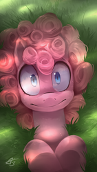 Size: 2162x3840 | Tagged: safe, artist:icychamber, pinkie pie, earth pony, pony, g4, female, grass, high res, on back, solo, wide eyes