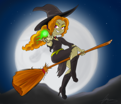 Size: 3366x2910 | Tagged: safe, artist:oinktweetstudios, adagio dazzle, equestria girls, g4, broom, evil smile, female, flying, flying broomstick, grin, halloween, hat, high res, holiday, magic, moon, night, smiling, solo, witch, witch hat