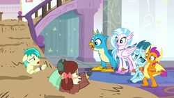 Size: 1280x720 | Tagged: safe, screencap, gallus, ocellus, sandbar, silverstream, smolder, yona, changedling, changeling, classical hippogriff, dragon, earth pony, griffon, hippogriff, pony, yak, a matter of principals, g4, dragoness, female, male, student six, teenager, wings