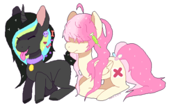 Size: 562x349 | Tagged: safe, artist:orthodoxxed, oc, pony, behaving like a dog, duo, scene kid, simple background, tongue out, transparent background