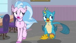 Size: 739x420 | Tagged: safe, screencap, gallus, silverstream, classical hippogriff, griffon, hippogriff, a matter of principals, g4, chest fluff, claws, cropped, duo, female, jewelry, male, necklace, running, scared, tail, wings