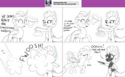 Size: 2564x1594 | Tagged: safe, artist:sintakhra, ocellus, smolder, tumblr:studentsix, g4, explosion, flask, magic, monochrome