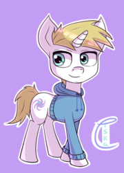 Size: 348x482 | Tagged: safe, artist:vintyri, oc, oc only, pony, unicorn, blonde, blonde hair, blonde mane, blue eyes, clothes, cutie mark, hoodie, looking back, male, simple background, solo, stallion, white coat, white fur