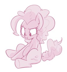 Size: 392x420 | Tagged: source needed, safe, artist:shoutingisfun, pinkie pie, earth pony, pony, g4, chubby, ear fluff, female, mare, monochrome, perplexed, simple background, sitting, solo, white background