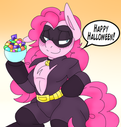 Size: 1700x1785 | Tagged: safe, artist:blackbewhite2k7, pinkie pie, g4, bowl, candy, catsuit, catwoman, clothes, costume, domino mask, food, halloween, holiday
