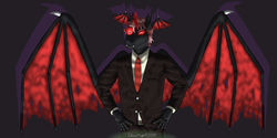 Size: 6000x3000 | Tagged: safe, artist:chaosmagex, oc, oc only, oc:fngr, oc:fornogoodreason, changeling, incubus, anthro, asymmetry, bat wings, changeling oc, clothes, cubi, fangs, halloween, halloween 2018, head wings, holiday, male, red changeling, solo, stallion, suit, wings