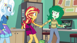 Size: 1920x1080 | Tagged: safe, screencap, sunset shimmer, trixie, wallflower blush, equestria girls, equestria girls specials, g4, my little pony equestria girls: better together, my little pony equestria girls: forgotten friendship, clothes, mirrored, skirt, sweater