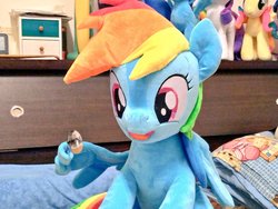 Size: 1024x768 | Tagged: safe, artist:nekokevin, rainbow dash, pegasus, pony, g4, cute, dashabetes, female, holding, irl, mare, open mouth, photo, plushie, sitting, smiling, solo, spoon, wing hands, wing hold