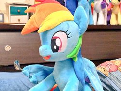 Size: 1024x768 | Tagged: safe, artist:nekokevin, rainbow dash, pegasus, pony, g4, cute, dashabetes, female, holding, irl, mare, open mouth, photo, plushie, side view, sitting, smiling, solo, spoon, wing hands, wing hold