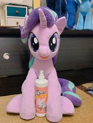 Size: 768x1024 | Tagged: safe, artist:nekokevin, starlight glimmer, pony, unicorn, series:nekokevin's glimmy, g4, female, irl, looking at you, mare, open mouth, photo, plushie, sitting, smiling, solo, spray