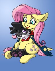 Size: 2550x3300 | Tagged: safe, artist:latecustomer, fluttershy, oc, oc:pancake, pegasus, pony, raccoon, g4, :p, cape, clothes, cute, duo, female, gradient background, high res, hug, looking at each other, mare, silly, sitting, smiling, tongue out