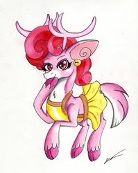 Size: 2379x2989 | Tagged: safe, artist:luxiwind, bori the reindeer, deer, reindeer, g4, my little pony best gift ever, apron, clothes, cloven hooves, ear piercing, earring, female, high res, jewelry, piercing, solo, traditional art