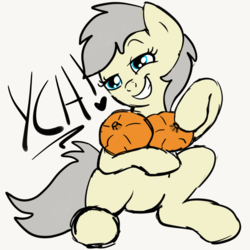Size: 2100x2100 | Tagged: safe, artist:lannielona, pony, advertisement, commission, fruit, funny, high res, implied breasts, pumpkin, simple background, sketch, smiling, smug, solo, white background, your character here