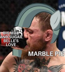Size: 716x800 | Tagged: safe, edit, marble pie, human, g4, my little pony best gift ever, barely pony related, caption, conor mcgregor, downvote bait, image macro, implied big macintosh, implied shipping, implied straight, implied sugar belle, implied sugarmac, marblebuse, meme, mma, punch, shitposting, text, ufc