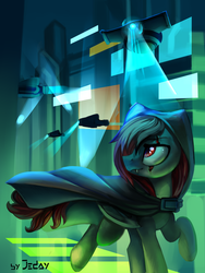 Size: 1500x2000 | Tagged: safe, artist:jedayskayvoker, oc, oc only, pony, cape, city, clothes, future, looking back, looking up, solo