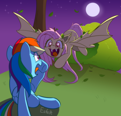 Size: 2637x2519 | Tagged: safe, artist:esfelt, fluttershy, rainbow dash, bat pony, pegasus, pony, g4, bat ponified, duo, eye contact, female, flutterbat, full moon, high res, looking at each other, mare, moon, night, race swap, scared, scaredy dash