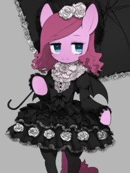 Size: 960x1280 | Tagged: safe, alternate version, artist:30clock, pinkie pie, earth pony, semi-anthro, bat wings, clothes, dress, female, gothic lolita, looking away, looking sideways, mare, solo, umbrella, wings