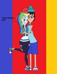 Size: 1865x2409 | Tagged: safe, artist:hunterxcolleen, rainbow dash, oc, oc:stewart gary, equestria girls, g4, my little pony equestria girls: better together, converse, hat, hug, one eye closed, pairings, party hat, shoes, talking, wink
