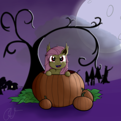 Size: 3000x3000 | Tagged: safe, artist:grey vicar, fluttershy, bat pony, g4, bat ponified, cute, fangs, flutterbat, full moon, halloween, high res, holiday, looking at you, moon, night, pumpkin, race swap, shyabates, shyabetes