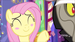 Size: 1280x720 | Tagged: safe, screencap, discord, fluttershy, g4, my little pony best gift ever, animated, blushing, discovery family logo, oh really?, sound, webm