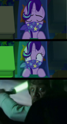 Size: 655x1200 | Tagged: safe, edit, edited screencap, screencap, starlight glimmer, pony, g4, road to friendship, attempted murder, cloth gag, clothes, gag, lightsaber, luke skywalker, meme, scarf, scarf gag, star wars, star wars: the last jedi, starlight's gag, surprised, this will end in death, this will end in tears and/or death, weapon