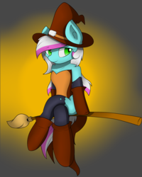 Size: 1800x2250 | Tagged: safe, artist:llhopell, oc, oc only, oc:soffy, earth pony, pony, broom, clothes, costume, dress, female, flying, flying broomstick, gradient background, halloween, halloween costume, hat, holiday, mare, sexy, shoes, solo, tights, witch, witch hat