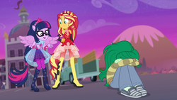 Size: 1920x1080 | Tagged: safe, screencap, sci-twi, sunset shimmer, twilight sparkle, wallflower blush, human, equestria girls, equestria girls series, forgotten friendship, g4, boots, clothes, costume, crying, dress, female, fetal position, glasses, high heel boots, mountain, parking lot, pickup truck, ponied up, ponytail, remorse, sad, school, sci-twilicorn, shoes, stars, super ponied up, truck