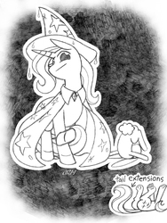 Size: 720x960 | Tagged: safe, artist:texasuberalles, part of a set, angel bunny, fluttershy, trixie, pegasus, pony, rabbit, unicorn, g4, cape, clothes, female, grayscale, hat, looking at you, male, mare, monochrome, pencil drawing, tail, tail extensions, traditional art, trio, wet