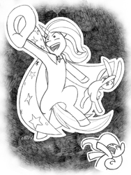 Size: 720x960 | Tagged: safe, artist:texasuberalles, part of a set, angel bunny, fluttershy, trixie, pegasus, pony, rabbit, unicorn, g4, bipedal, bunny out of the hat, cape, chibi, clothes, female, grayscale, hat, hoof hold, magic trick, male, mare, monochrome, pencil drawing, traditional art, trio