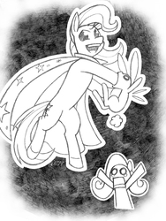 Size: 720x960 | Tagged: safe, artist:texasuberalles, part of a set, angel bunny, fluttershy, trixie, pegasus, pony, rabbit, unicorn, g4, bipedal, cape, chibi, clothes, female, grayscale, hat, hoof hold, looking at you, magic trick, male, mare, monochrome, pencil drawing, traditional art, trio