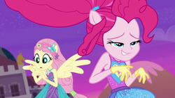 Size: 1920x1080 | Tagged: safe, screencap, fluttershy, pinkie pie, equestria girls, equestria girls series, forgotten friendship, g4, clothes, enjoying, gloves, grin, hand, jazz hands, lip bite, open mouth, ponied up, silly face, smiling, smirk, super ponied up, transformation, varying degrees of want