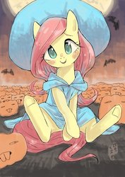 Size: 1000x1414 | Tagged: safe, artist:yanamosuda, fluttershy, bat, pegasus, pony, g4, blushing, clothes, costume, cottagecore, cute, female, halloween, halloween costume, hat, head tilt, holiday, jack-o-lantern, looking at you, mare, pumpkin, shyabetes, sitting, smiling, solo, witch
